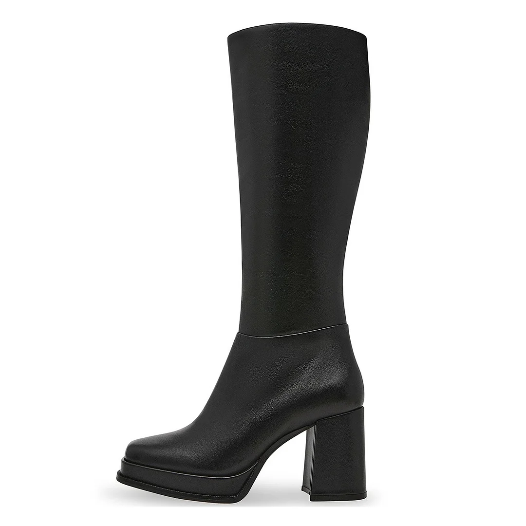 Black Square Toe Block Heel Knee High Side Zipper Platform Boots