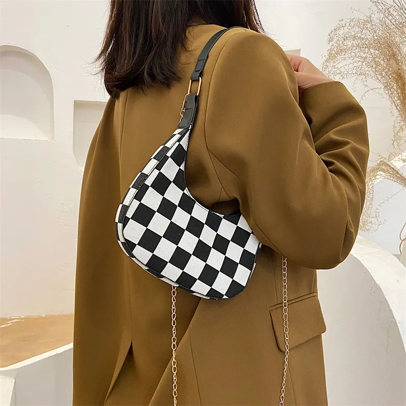 Plaid Canvas Women's Bag New PU Leather Crescent Shoulder Bag Fashionable Simple Zipper Pure Color Handbags for Women 2022