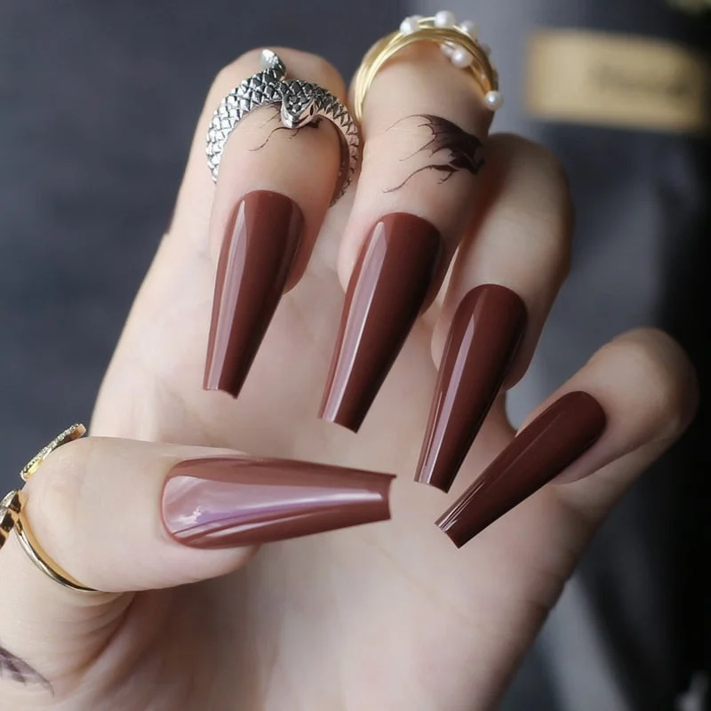 Extra gel Burgundy fasle nails Nude Long Luxury Coffin coffee Acrylic nails salon 24pcs fake nails ballet UV glossy available-Nail Inspo