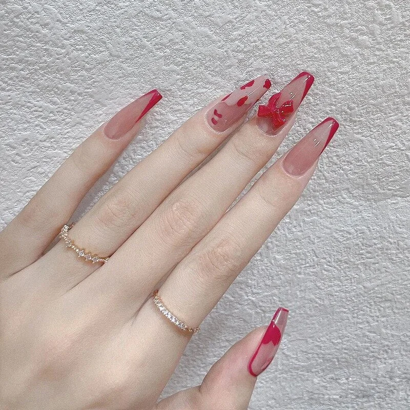 24pcs French Ribbon Decor White False Nails Pearl Crystal Design Press On Nail Mid Length Stiletto Manicure Patch False Nails-Nail Inspo