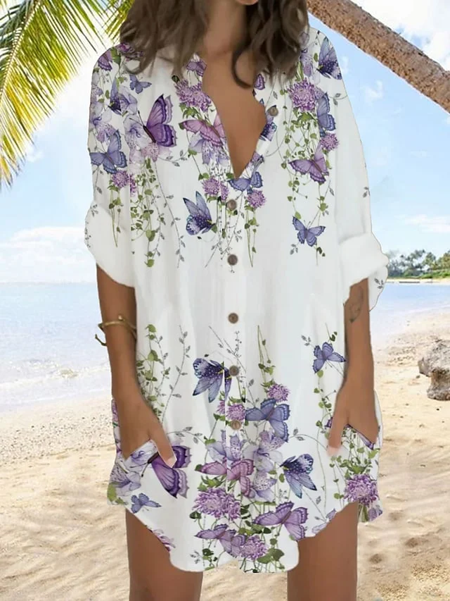 Women's Shirt Dress Casual Dress Shift Dress Mini Dress Outdoor Daily Vacation Linen Fashion Casual Stand Collar Button Pocket Long Sleeve Summer Spring Fall 2023 Regular Fit White Blue Purple Floral | IFYHOME