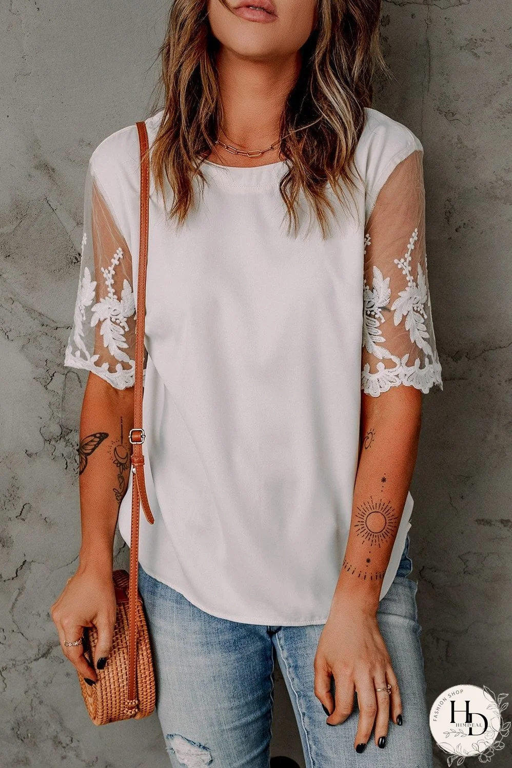 Sheer Floral Lace Short Sleeve Black Top