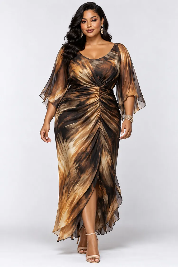 Xpluswear Design Plus Size Wedding Guest Brown All Over Print Flare Half Sleeve Fold Chiffon Maxi Dresses [Pre-Order] 2024 - Xpluswear
