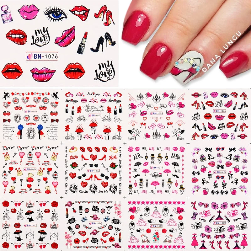 12pcs Valentines Love Letter Water Decals Flower Sliders Nail Stickers for Manicure Nail Art Decoration Transfer Water Sticker-Nail Inspo