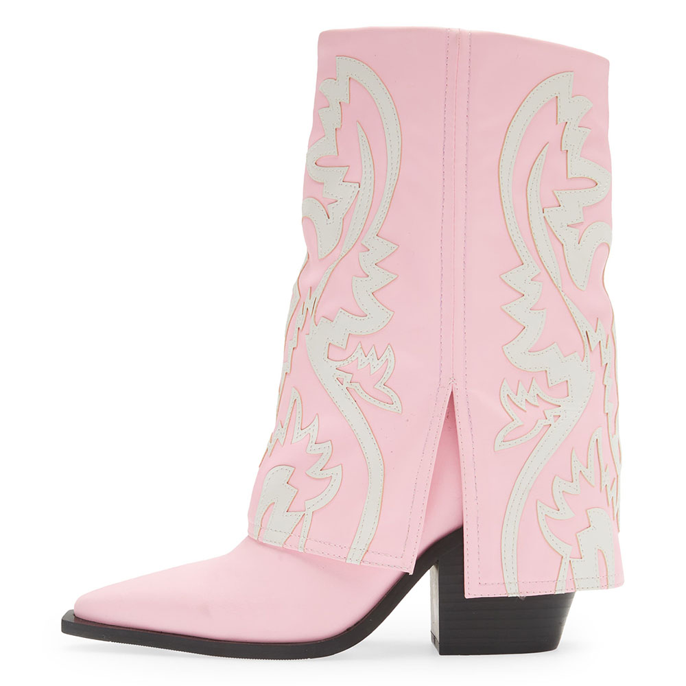 Light Pink Pointed Toe Chunky Heel Fold-Over Western Boots for Women