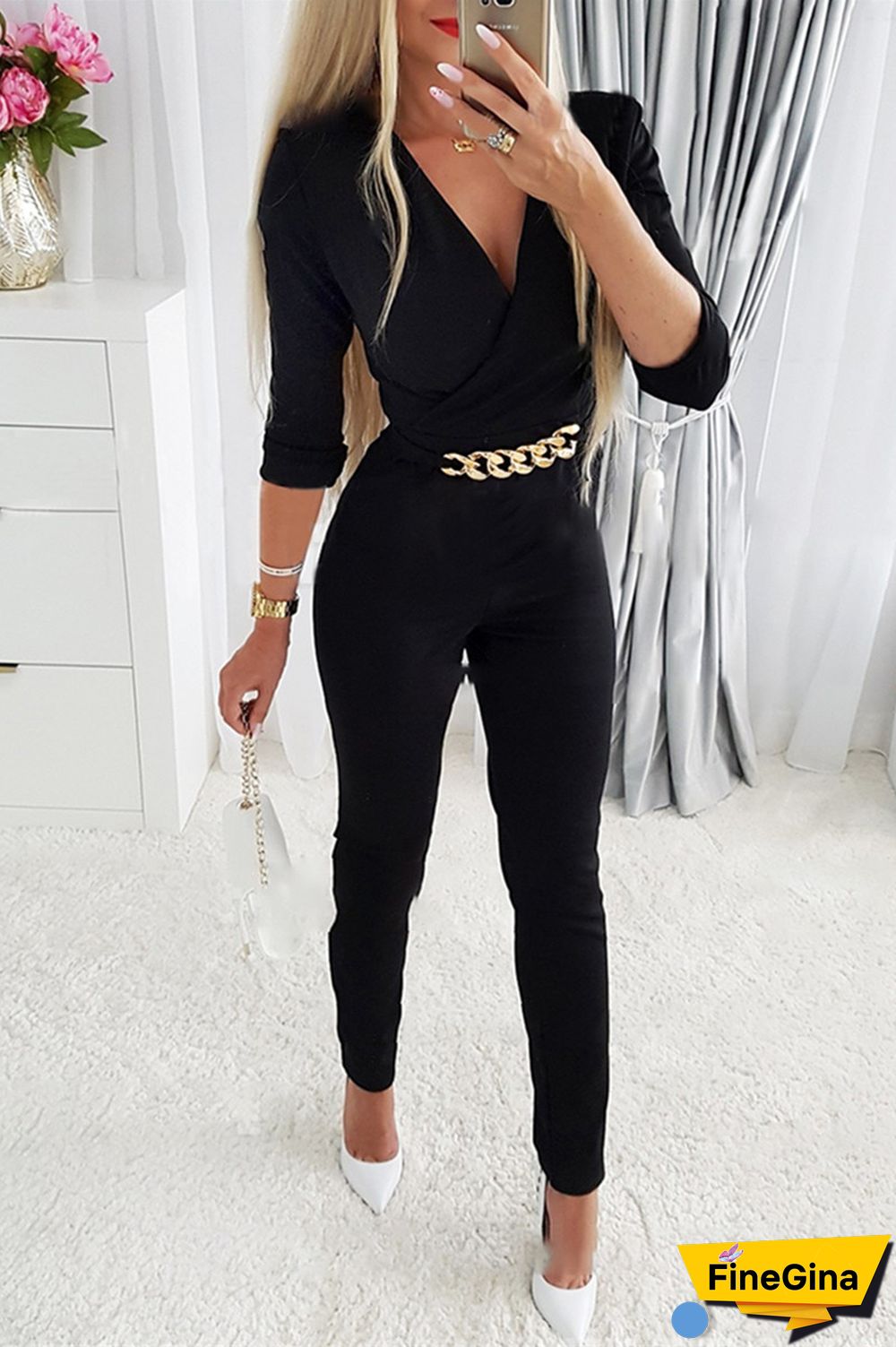 Blue Casual Solid Patchwork V Neck Regular Jumpsuits