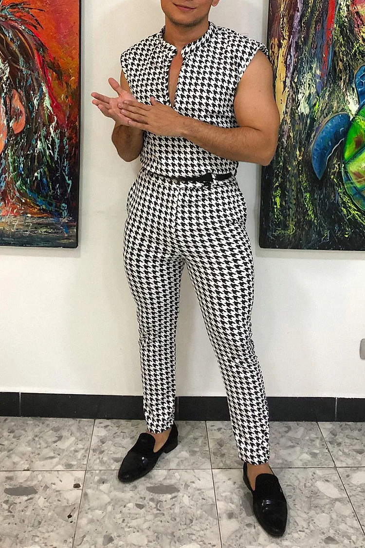 Ciciful Casual Houndstooth Sleeveless Slim Fit Jumpsuit