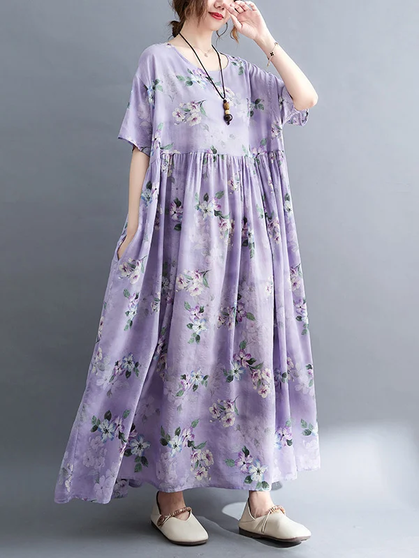 Vacation Short Sleeves Loose Floral Printed Round-Neck Midi Dresses