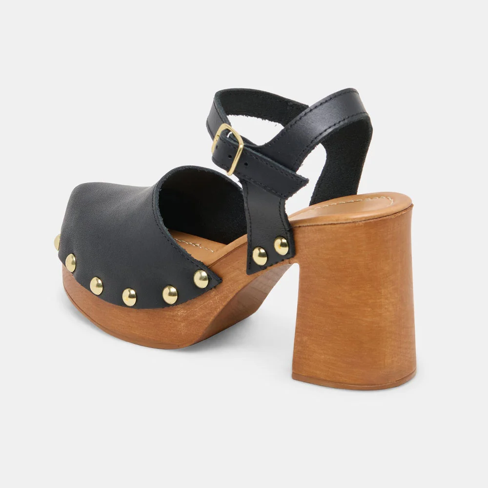 Black Closed Round Toe Buckle Ankle Strap Heeled Sandals with Studded