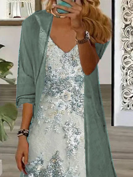 Women's Long Sleeve V-neck Floral Printed Two Pieces Maxi Dress