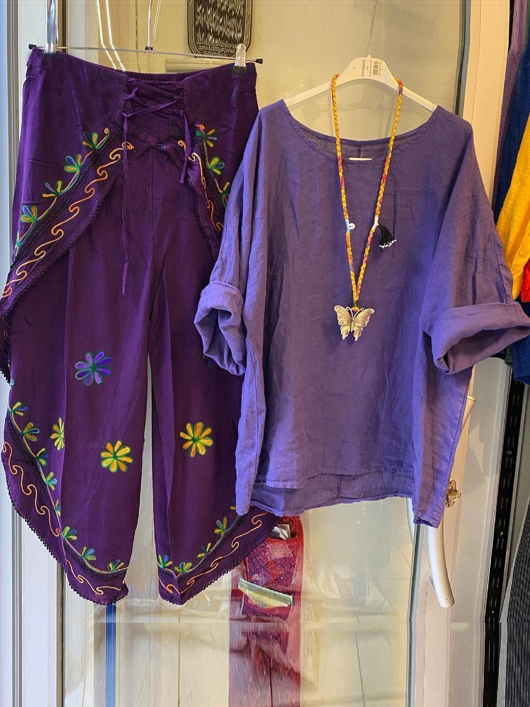 Purple Crew Neck Vintage Cotton-Blend Short Sleeve Suits
