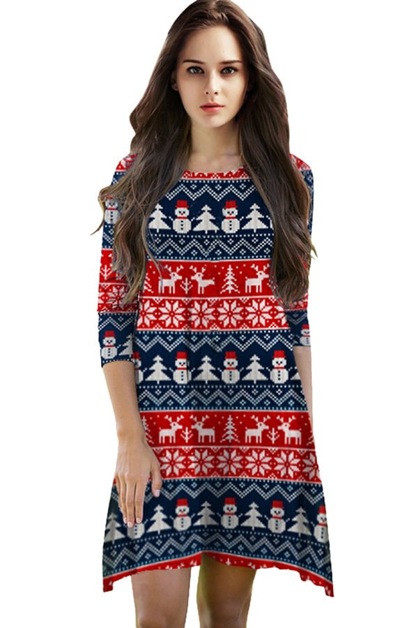 Womens Snowflake Printed Ugly Christmas Dress Red-elleschic