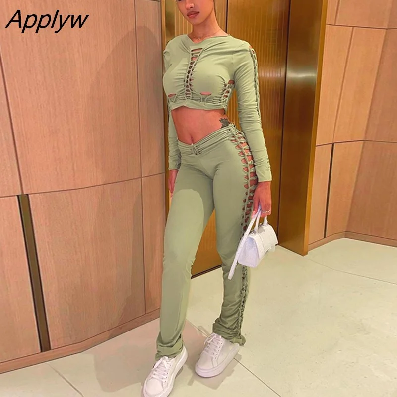Applyw Women Long Sleeve Crop Tops T Shirts Long Pants Two Piece Sets Outfits 2022 Autumn Clothes Wholesale Items For Business
