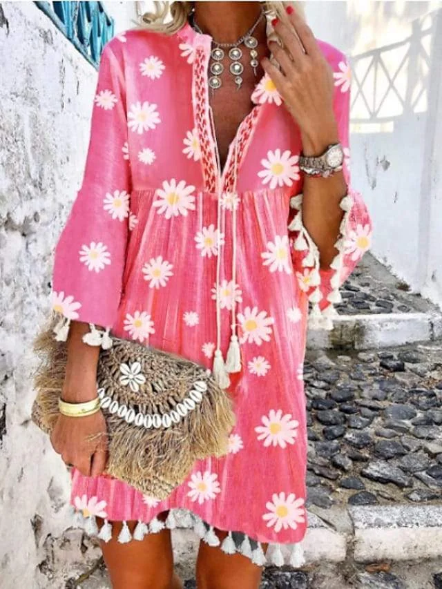 Women's A Line Dress Knee Length Dress Blushing Pink 3/4 Length Sleeve Print Summer V Neck Hot Casual Boho