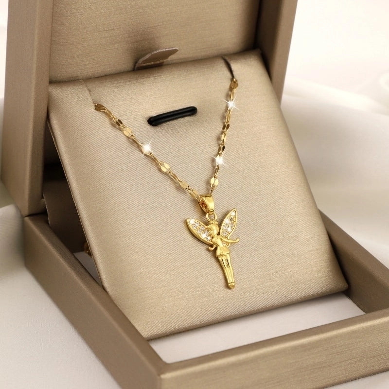 Titanium Steel Copper IG Style Minimalist Plating Inlay Angel Zircon Pendant Necklace