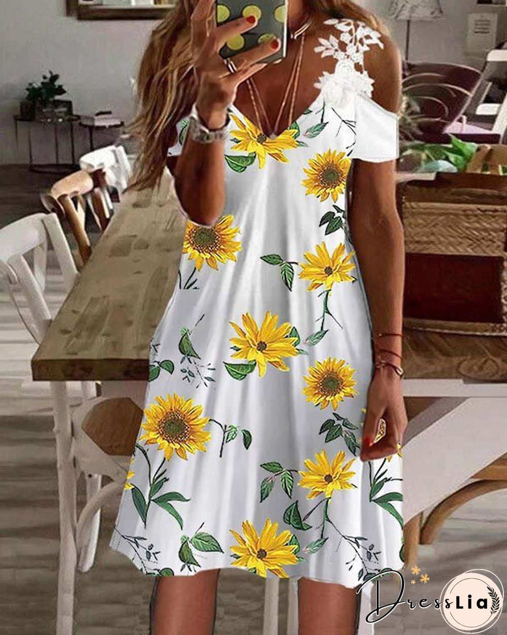 Sunflower V-Neck Lace Off-the-Shoulder Sexy Dress