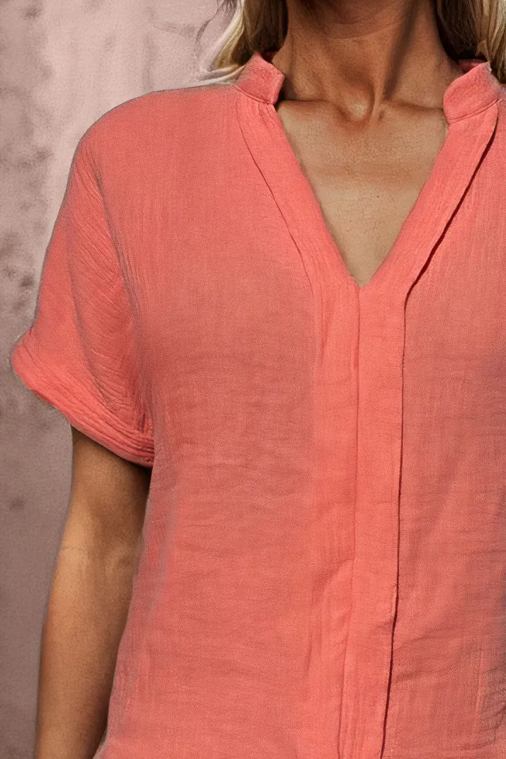 Solid Notched Neck Short Sleeve Blouse