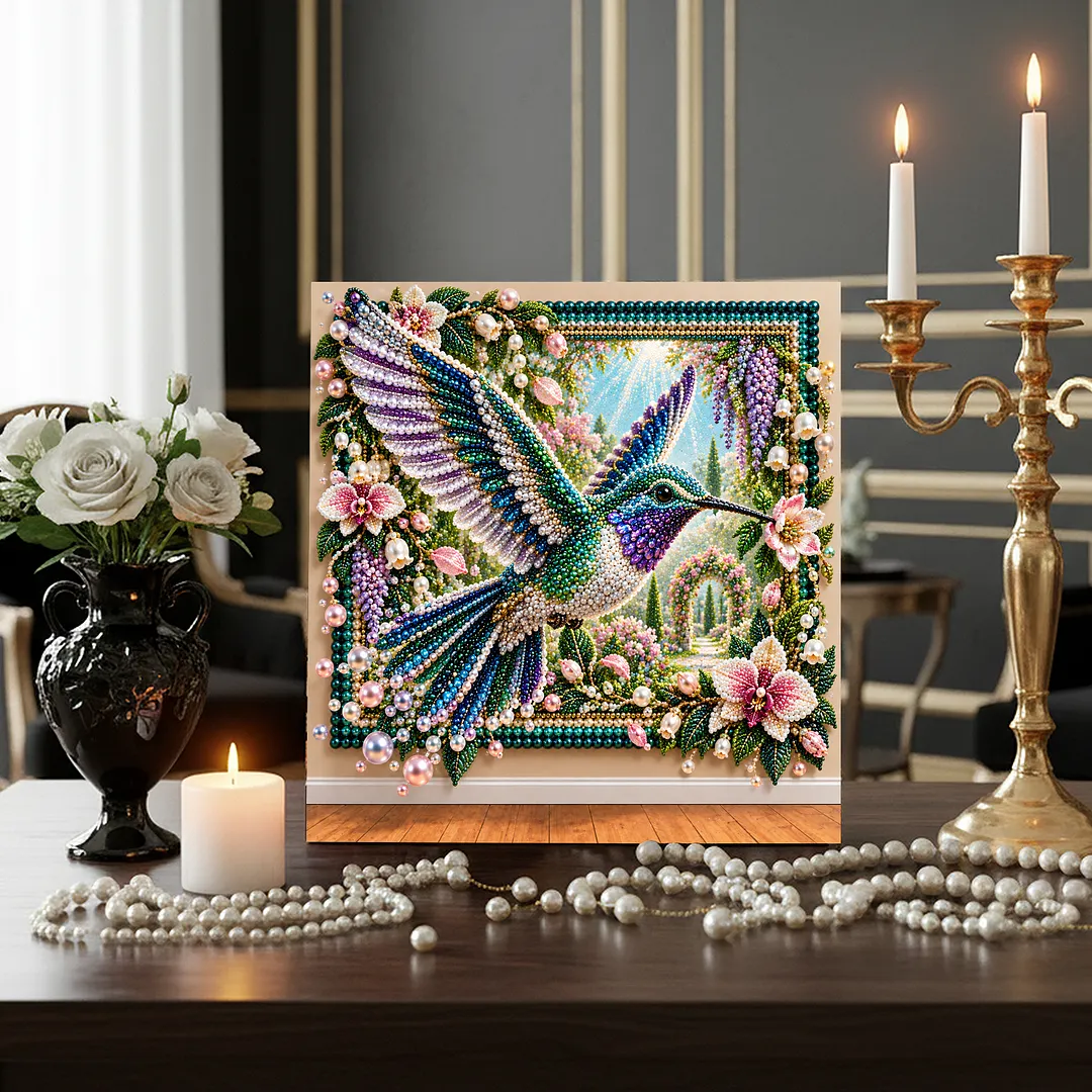 Framed Pearl Painting Kit Hummingbird Garden for Adults 12x12in