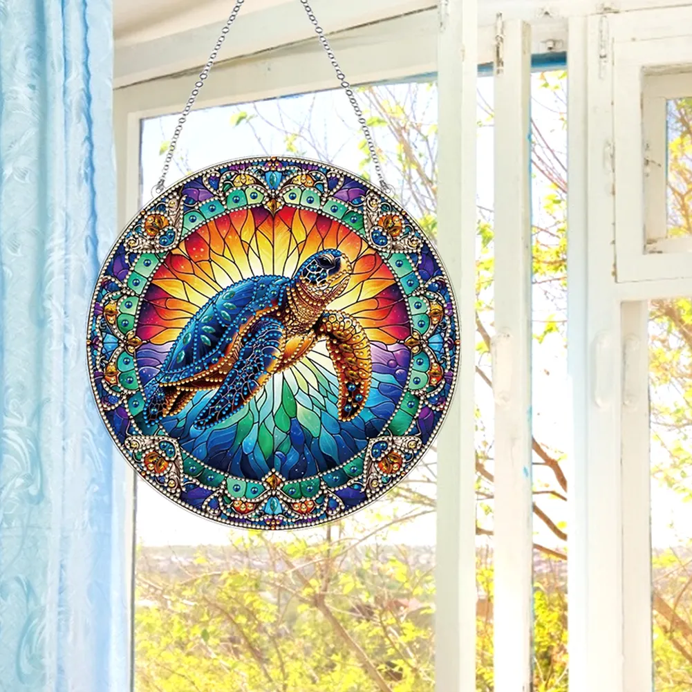 2D Flat DIY Stained Glass Turtle Suncatcher Diamond Painting Art Pendant