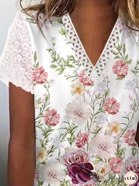 T-Shirts V-Neck Printed Lace Short Sleeve T-Shirt for Women