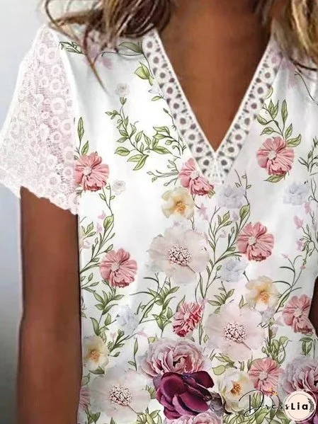 T-Shirts V-Neck Printed Lace Short Sleeve T-Shirt for Women