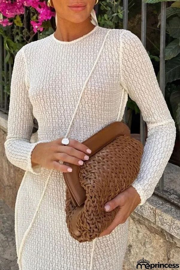 Knitted Crew Neck Long Sleeve High Waisted Maxi Dress