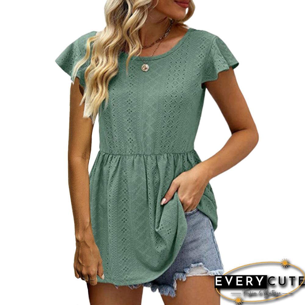 Pea Green Hollow-out Ruffle Sleeve Tunic Top