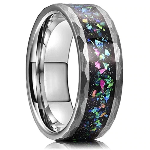 Women's Or Men's Tungsten Carbide Wedding Band Matching Rings,Diamond Faceted Silver Bands and Multiple Color Rainbow Opal Inlay with Organic Tones Ring With Mens And Womens For Width 4MM 6MM 8MM 10MM
