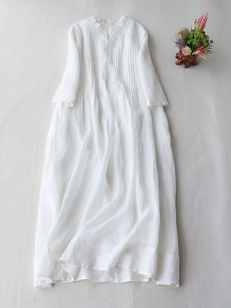 Women's Pleated Cotton and Linen Pocket Maxi Dress