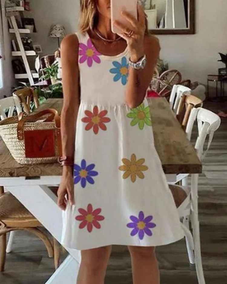 Flower Print Vest MIDI Dress