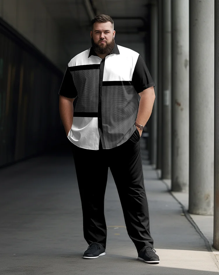 Plus Size Black Plaid Short Sleeve Walking Suit