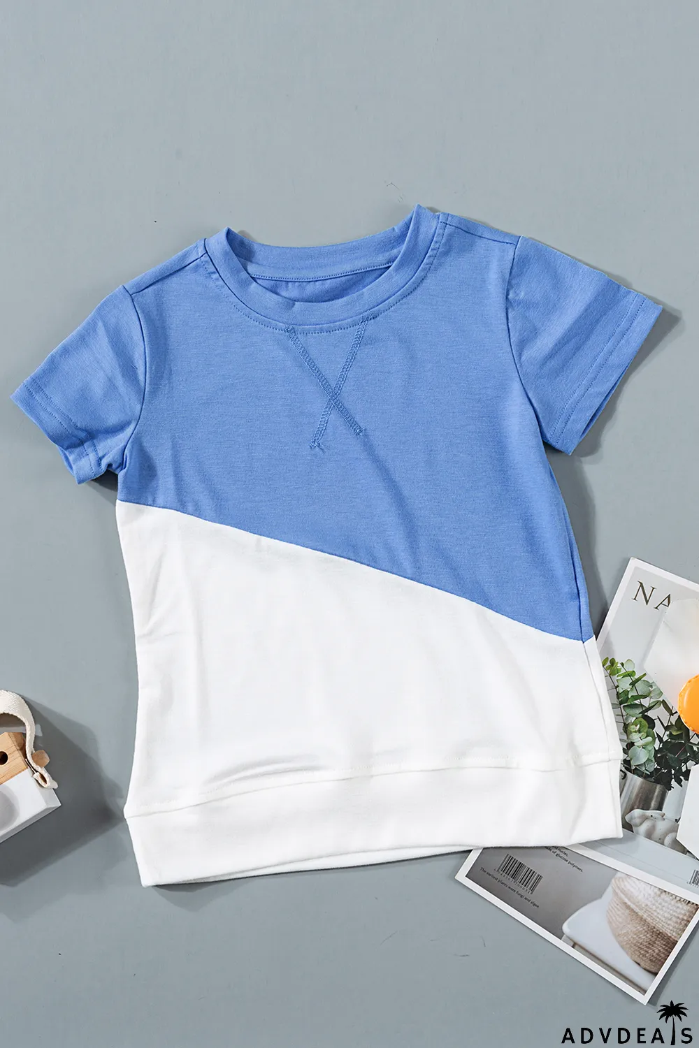 Sky Blue Colorblock Splicing Little Girl Tee