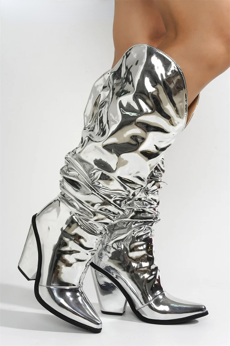 VCSHOES Cowboy Cowgirl Boots For Women Metallic Silver Chunky Heeled Western Knee High Boots Casual Shoes