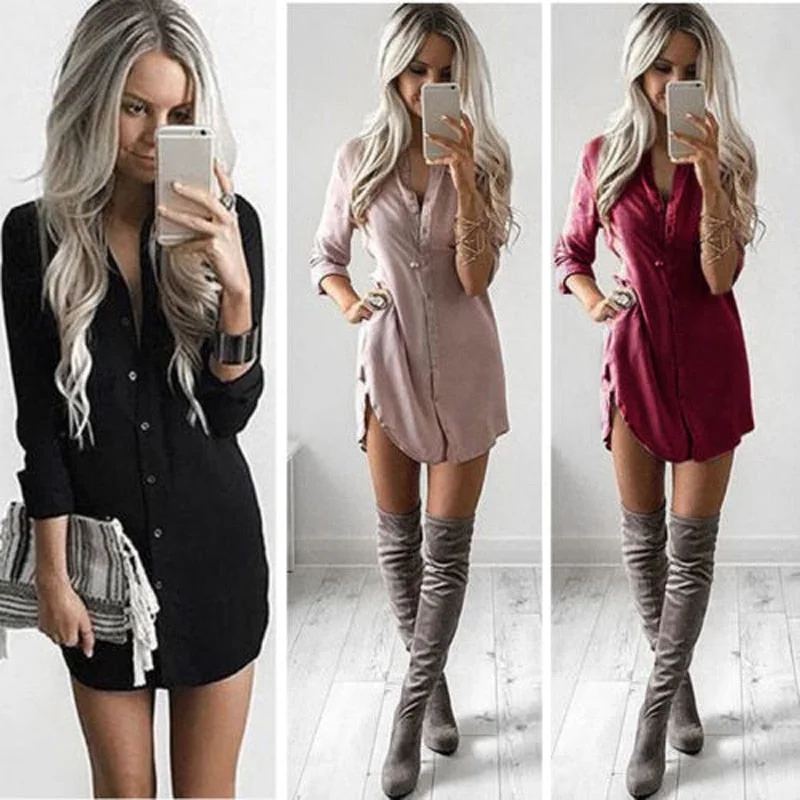 Sexy Shirt Mini Dress Casual Loose Long Sleeve Button Closure Side Slit Breathable Blouse 2021 Women Summer Vacation Fashion Top