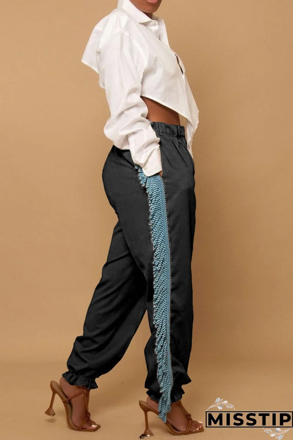 Black Casual Solid Tassel Patchwork Loose High Waist Pencil Solid Color Bottoms