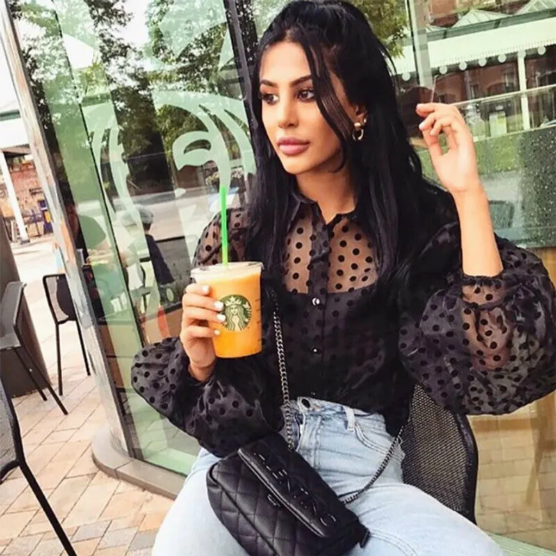 Women Polka Dot Retro Blouse Lady Early Autumn Modern Mesh Shirt See-through Loose Button  Puff Sleeve Blouse High Street Tops