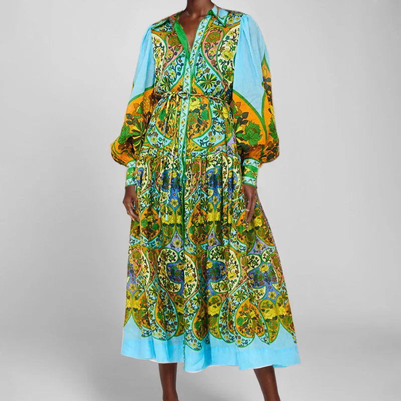 Uveng Uveng Women's New Retro Print Lantern Sleeve Waist Large Hem Dress Women