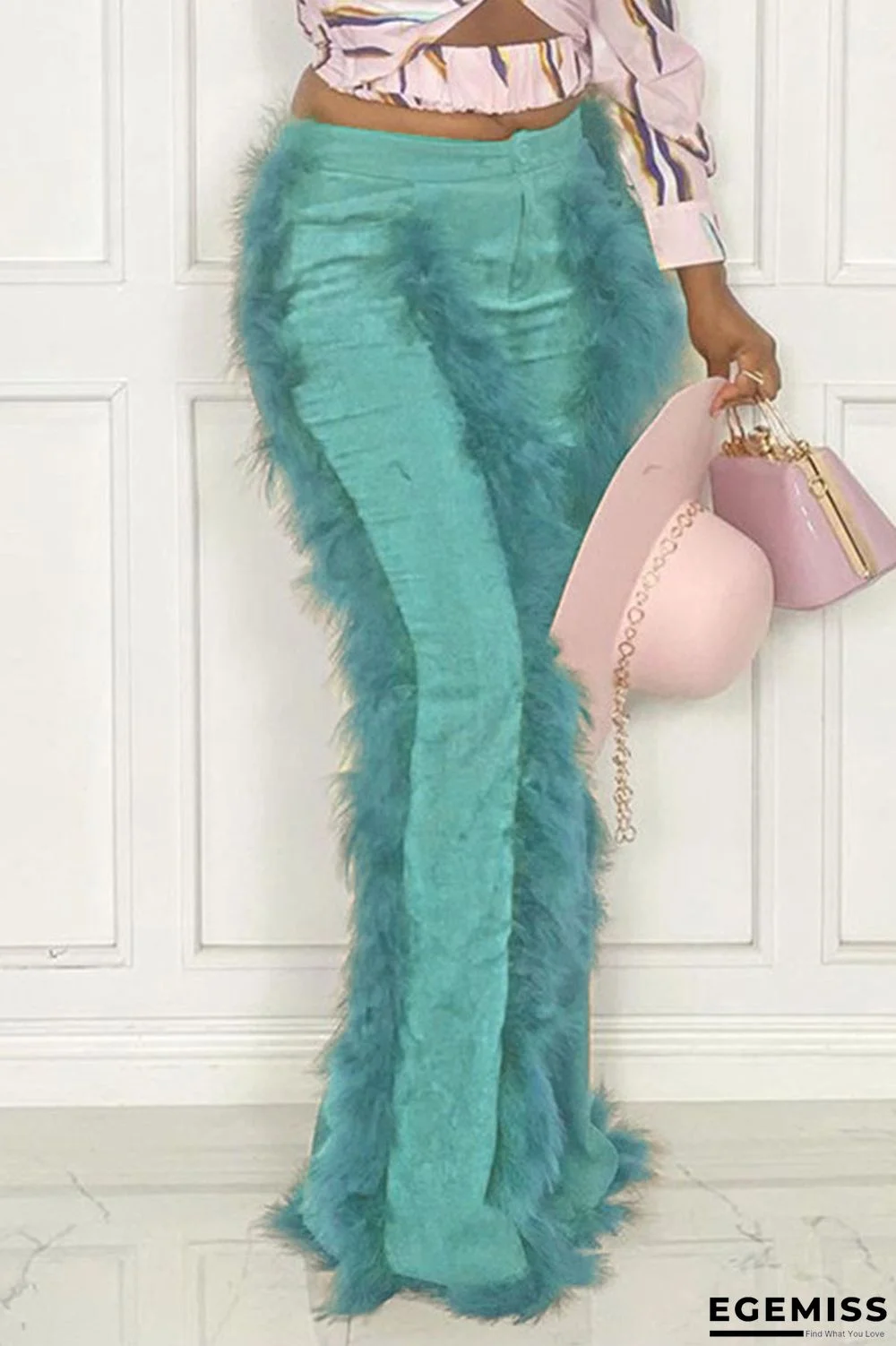 Green Fashion Solid Patchwork Feathers Boot Cut High Waist Speaker Solid Color Bottoms | EGEMISS