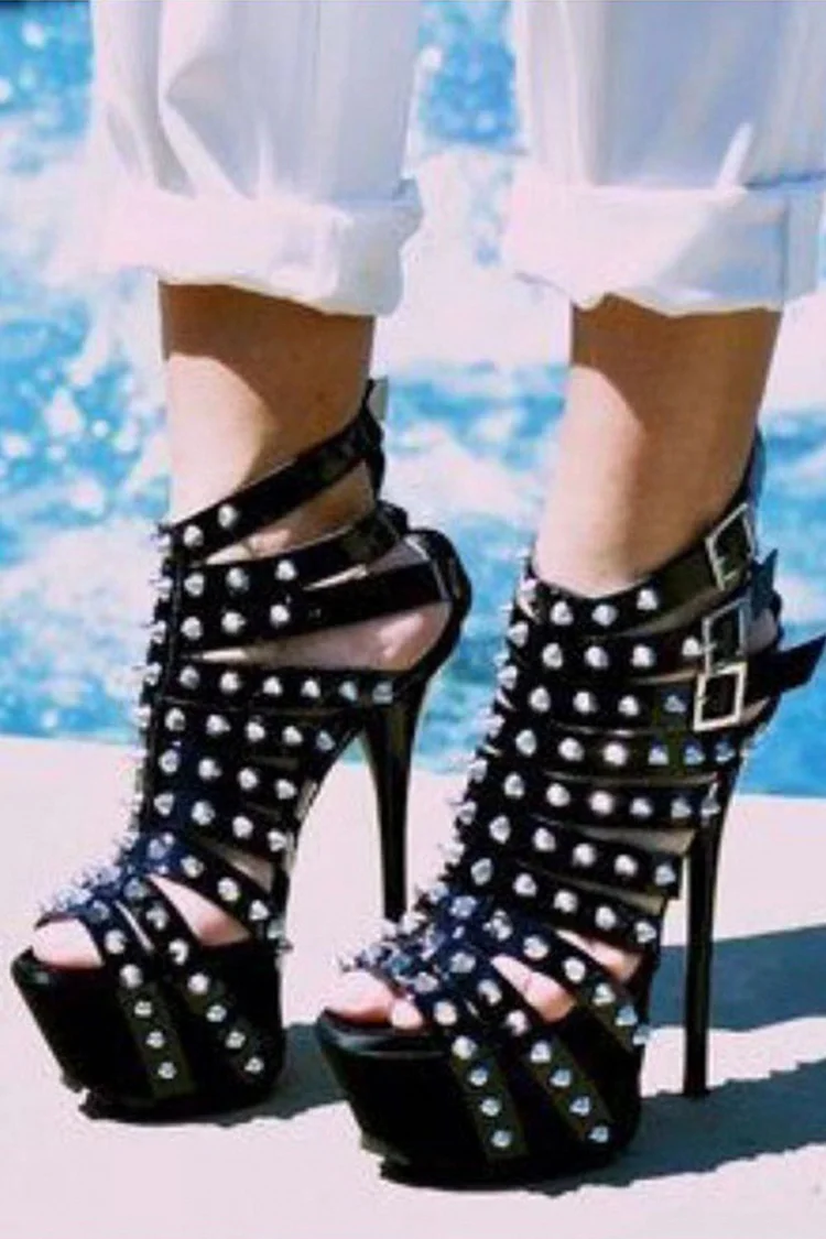 Gothic Black Party Rivet Hollow Out High-heeled Sandals