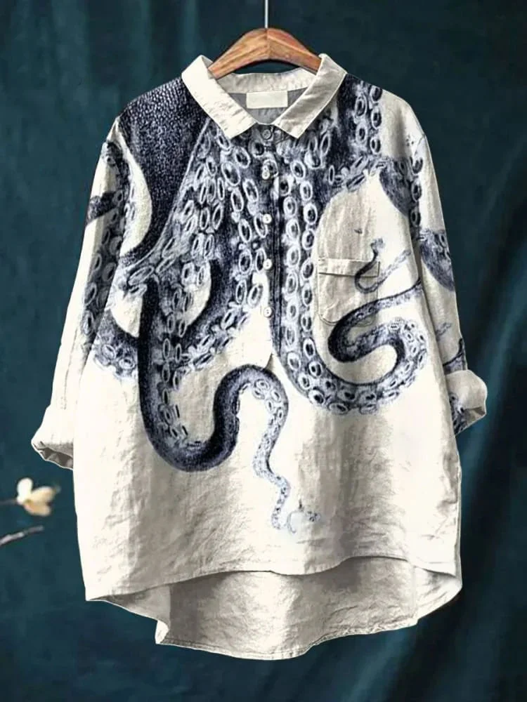 Women's Octopus  Art Print Casual Cotton And Linen Shirt