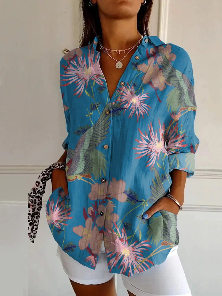Classic Cranes And Flowers Print Casual Long-sleeved Shirt