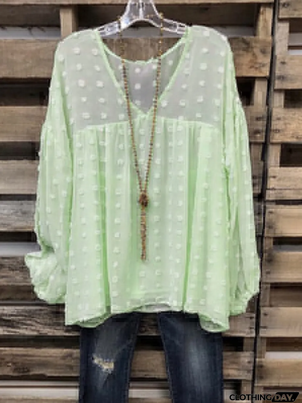 Women's Long Sleeve V Neck Breathable Polka Dot Jacquard T-Shirt Top