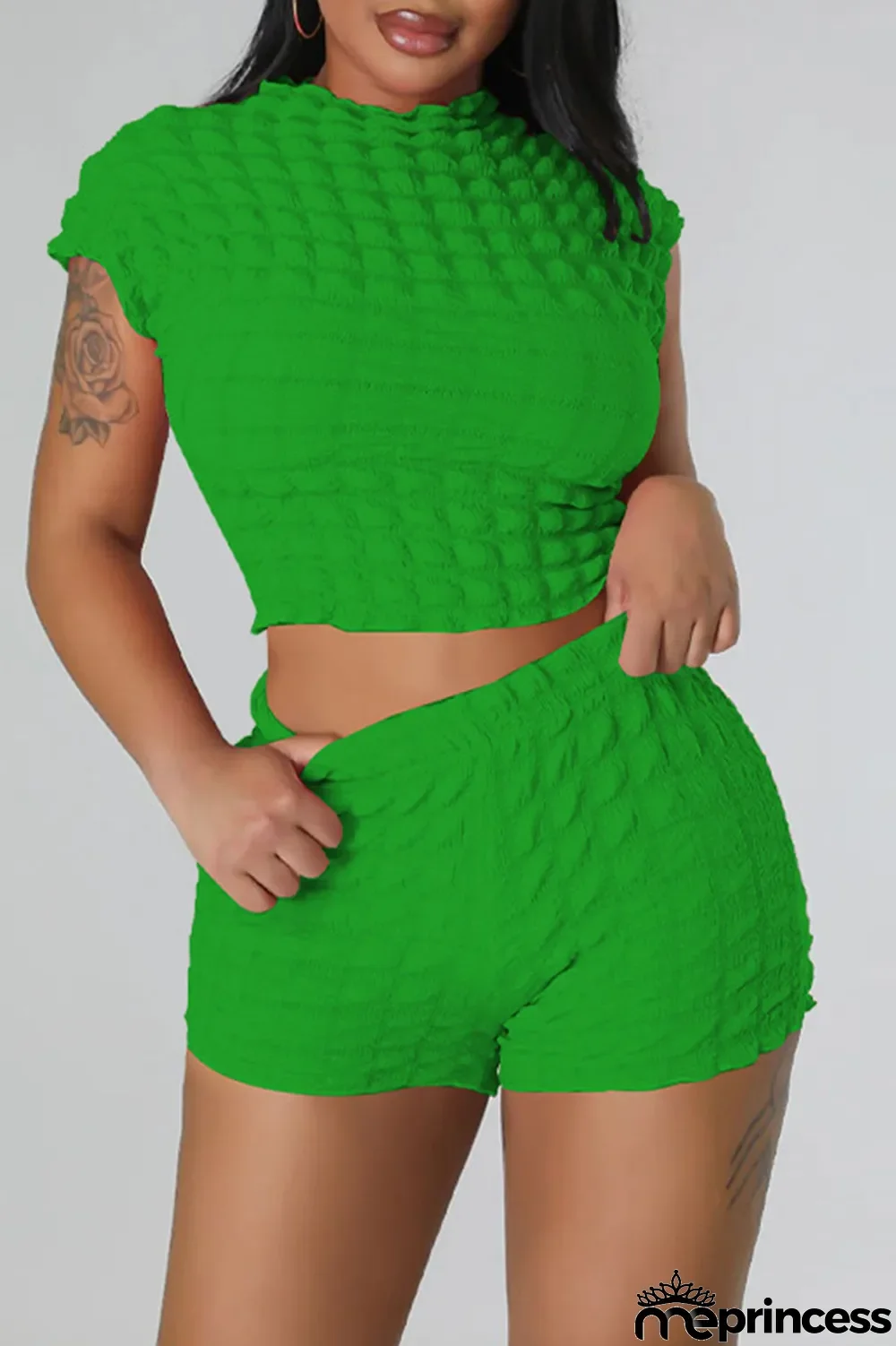 Rose Red Casual Solid Patchwork O Neck Short Sleeve Two Pieces