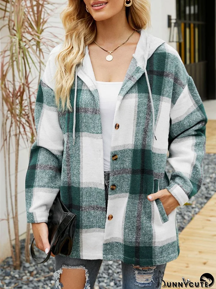 Women's Stitching Plaid Printed Solid Color V-Neck Long Sleeve Coat