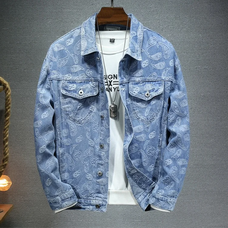 PASUXI Men's Denim Jacket Paisley Denim Jacket Hip Hop Button Denim Jacket Slim Fit Casual Outerwear