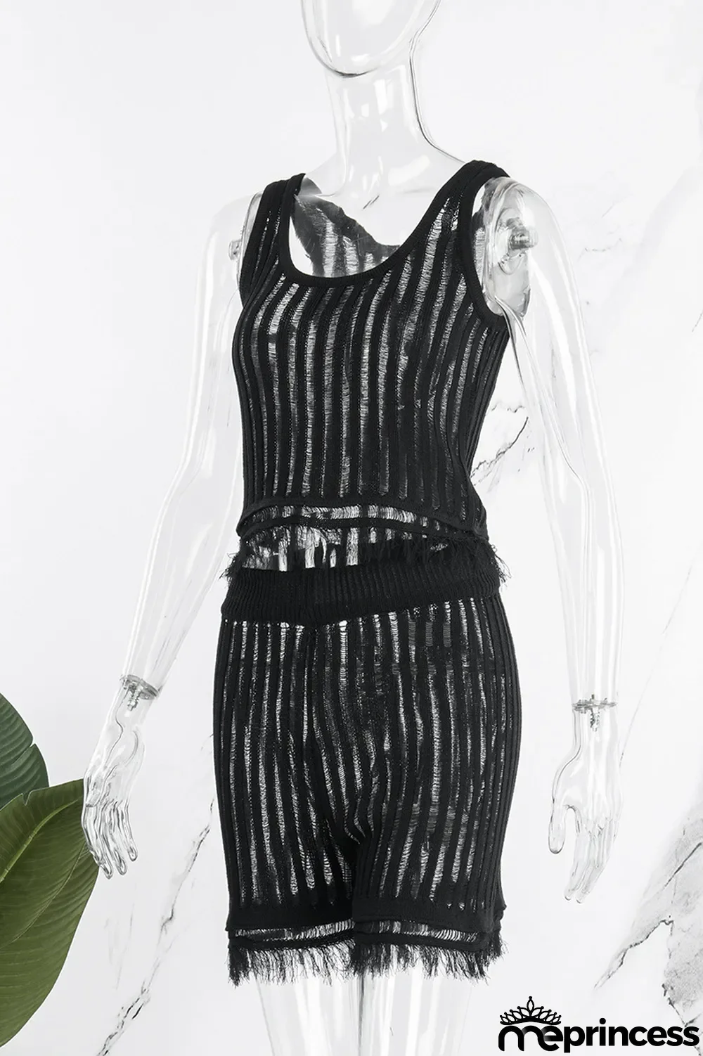 Black Casual Solid Backless O Neck Sleeveless Two Pieces