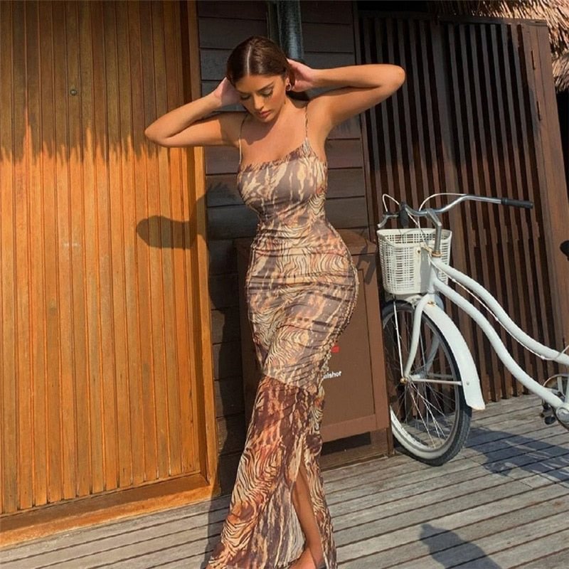 Cryptographic Spaghetti Strap Elegant Fashion Mesh Print Draped Maxi Dresses Sleeveless Backless Split Long Dress Club Party
