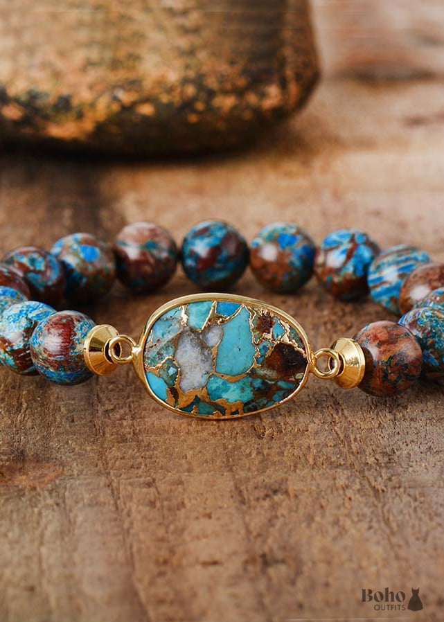 Boho Bracelet, Stretchy Bracelet, Brown Blue 10mm Bronzite Stone Tibetan
