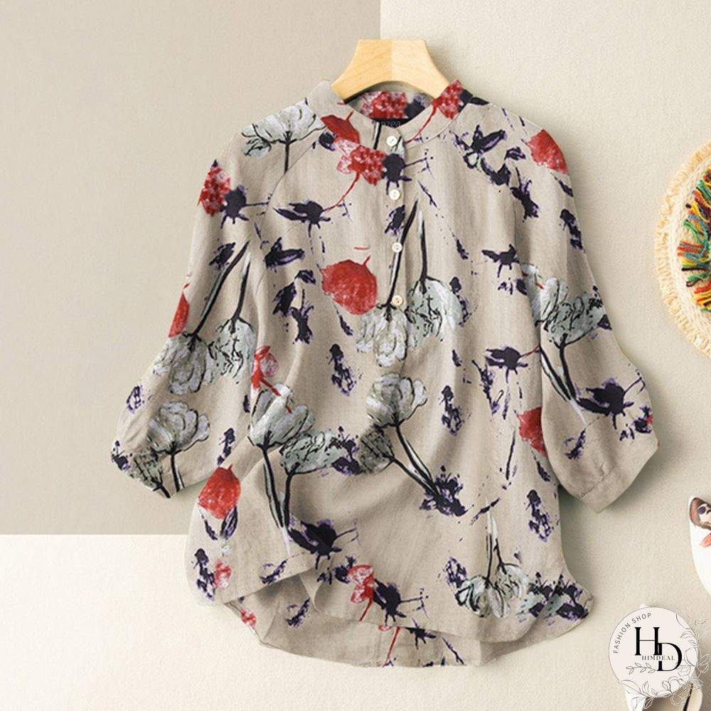 Womens Vintage Cotton Casual Loose Shirt Tee Floral Printed Tops Blouse T-Shirts Plus Size