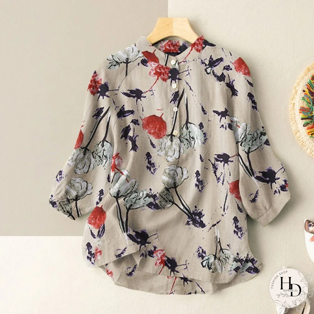 Womens Vintage Cotton Casual Loose Shirt Tee Floral Printed Tops Blouse T-Shirts Plus Size